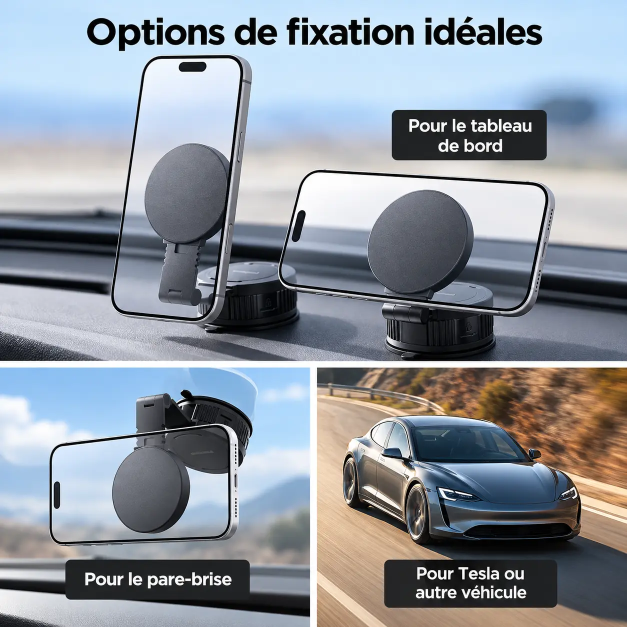 Fixation sur tableau de bord ou pare-brise