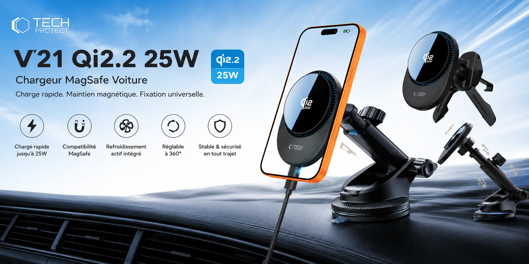 Chargeur MagSafe voiture Tech-Protect V21 Qi2.2 25W avec fixation tableau de bord et grille d'aération