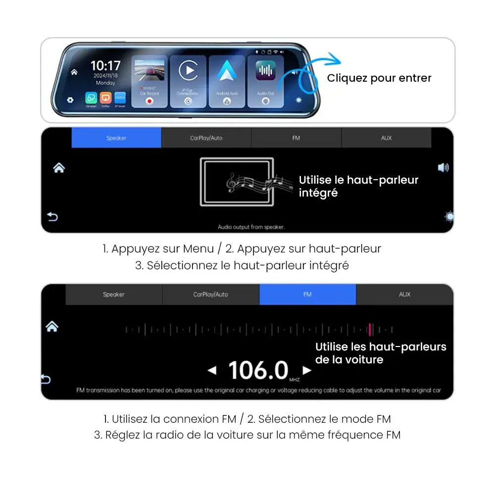 Lecture musique voiture FM AUX Bluetooth rétroviseur Yesido KM24 audio intégré