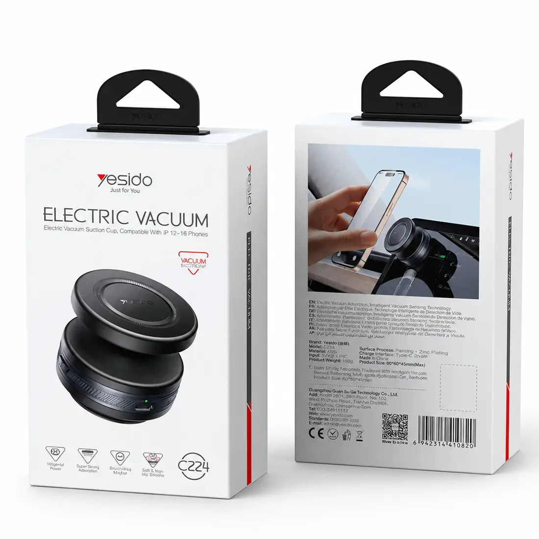 Contenu de l'emballage du support magnétique voiture YESIDO C224 avec ventouse électrique et accessoires