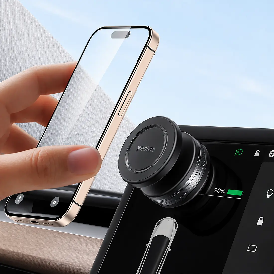 Smartphone posé d'une seule main sur le support magnétique voiture YESIDO C224