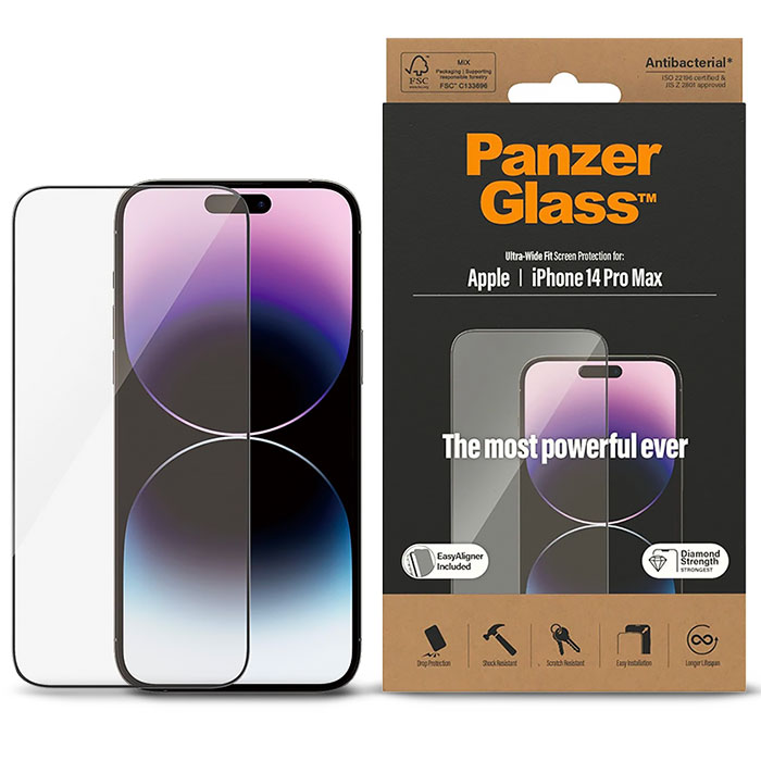 Protégez votre iPhone des aléas de la vie quotidienne avec la protection d'écran en verre trempé PanzerGlass™ Ultra-Wide Fit pour iPhone 14 Pro Max