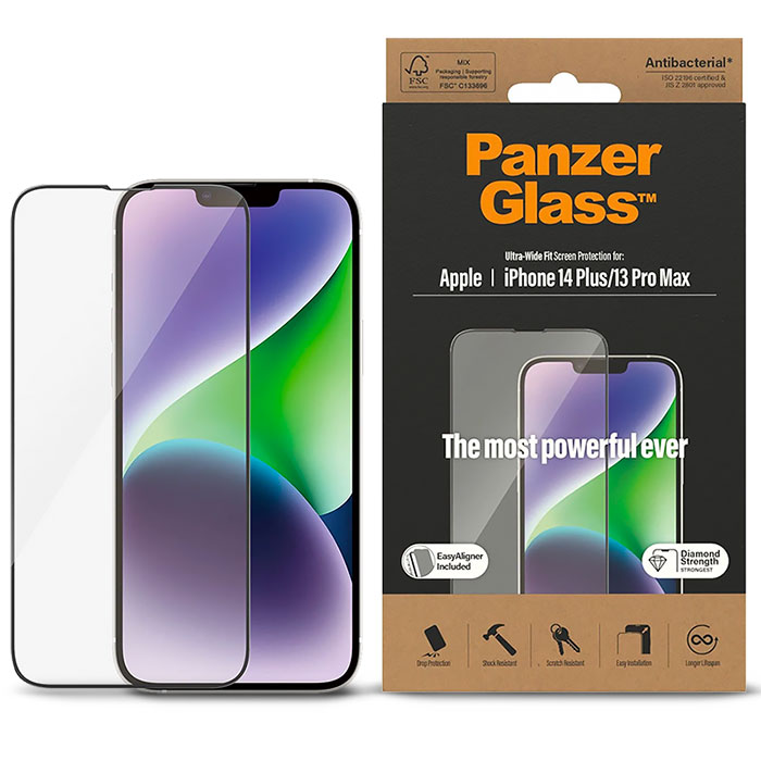 Protégez votre iPhone des aléas de la vie quotidienne avec la protection d'écran en verre trempé PanzerGlass™ Ultra-Wide Fit pour iPhone 14 Plus/13 Pro Max