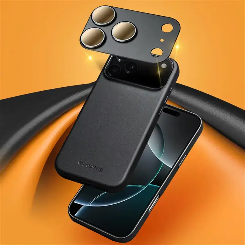 Coque MagSafe QIALINO en Cuir Véritable & Silicone Liquide pour iPhone 17 - Cache Caméra Lentilles Intégrées