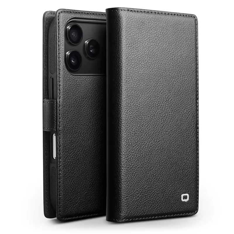 Étui Portefeuille QIALINO Business en Cuir Véritable avec Coque Magnétique Détachable pour iPhone 17 Pro Max - Noir