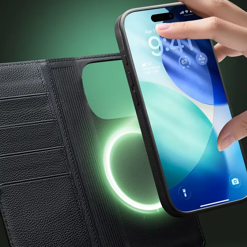 Étui Portefeuille QIALINO Business en Cuir Véritable avec Coque Magnétique Détachable pour iPhone 17 - Coque Compatible MagSafe