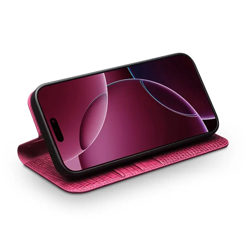 Étui Portefeuille QIALINO Croco en Cuir Véritable pour iPhone 17 - Rabat arrière inclinable