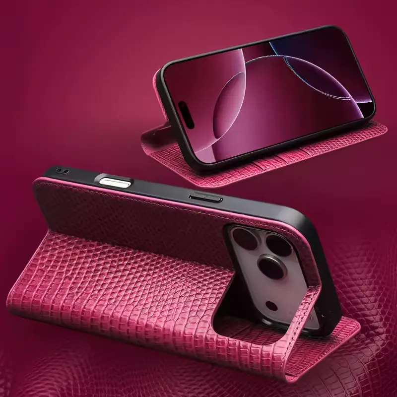 Étui Portefeuille QIALINO Croco en Cuir Véritable pour iPhone 17 - Rabat inclinable