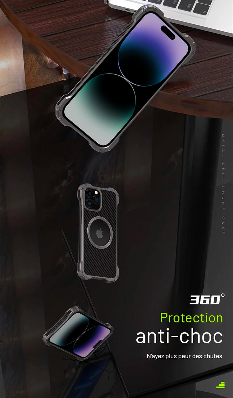 iPhone 14 Pro - Coque R-JUST RJ-51 | Dos en Fibre de Carbone | Cadre Aluminium Avant/Arrière | Compatible MagSafe