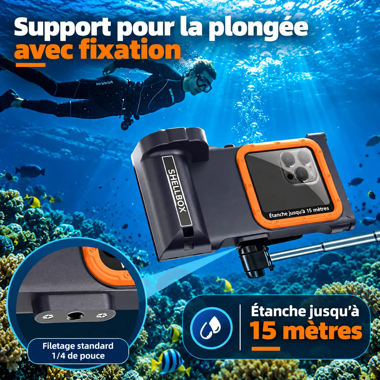 Fixation sur support de plongée avec filetage 1/4 de pouce