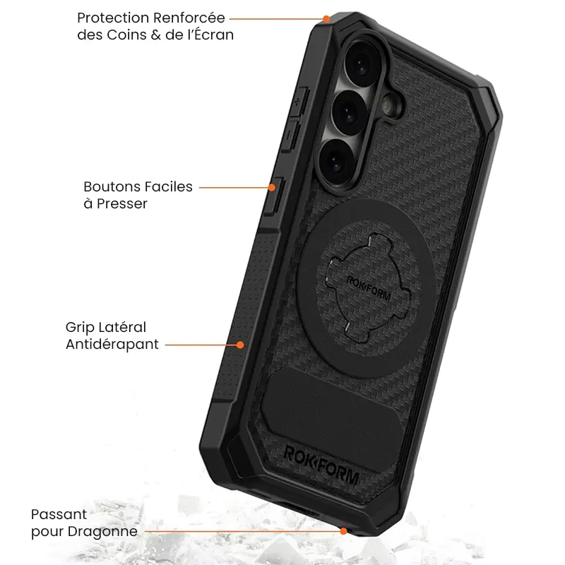 Coque ROKFORM Rugged Galaxy S25 avec protection renforcée des coins, grip latéral et passant pour dragonne