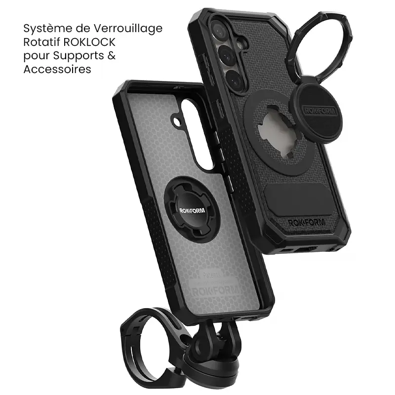 Système de verrouillage rotatif RokLock sur coque ROKFORM Rugged Galaxy S25 pour supports et accessoires