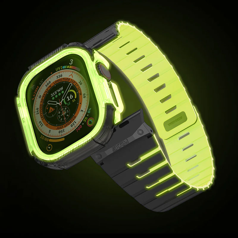 Pack Bracelet + Coque SKINARMA Gemini + Atom Niteglow Photoluminescent pour Apple Watch 49 mm