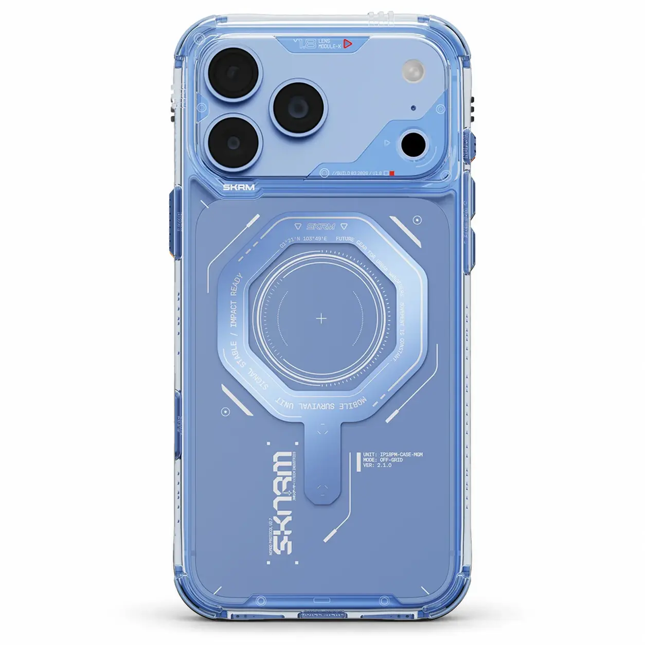 Coque bleue SKINARMA Magma Mag-Charge pour iPhone 18 Pro / iPhone 17 Pro vue arrière avec anneau MagSafe