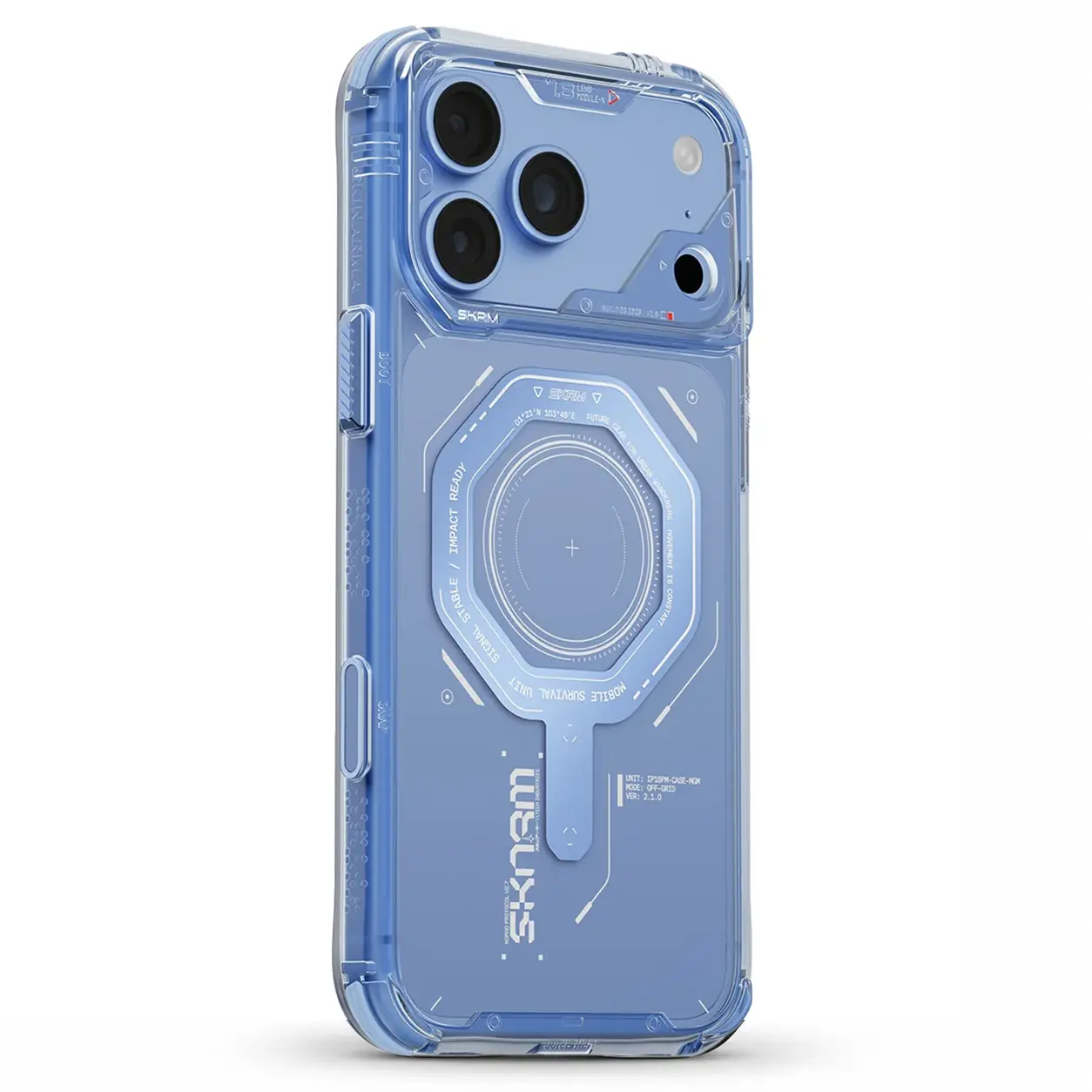 Coque bleue SKINARMA Magma pour iPhone 18 Pro / iPhone 17 Pro sous profil technique antichoc