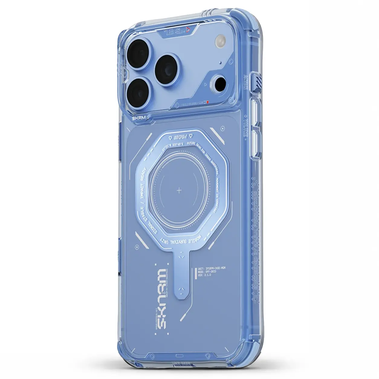 Vue de profil de la coque bleue SKINARMA Magma pour iPhone 18 Pro / iPhone 17 Pro mettant en valeur la finesse et la prise en main