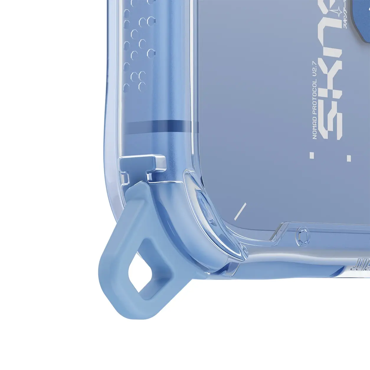 Détail du passant d'angle interchangeable bleu de la coque SKINARMA Magma pour iPhone 18 Pro / iPhone 17 Pro