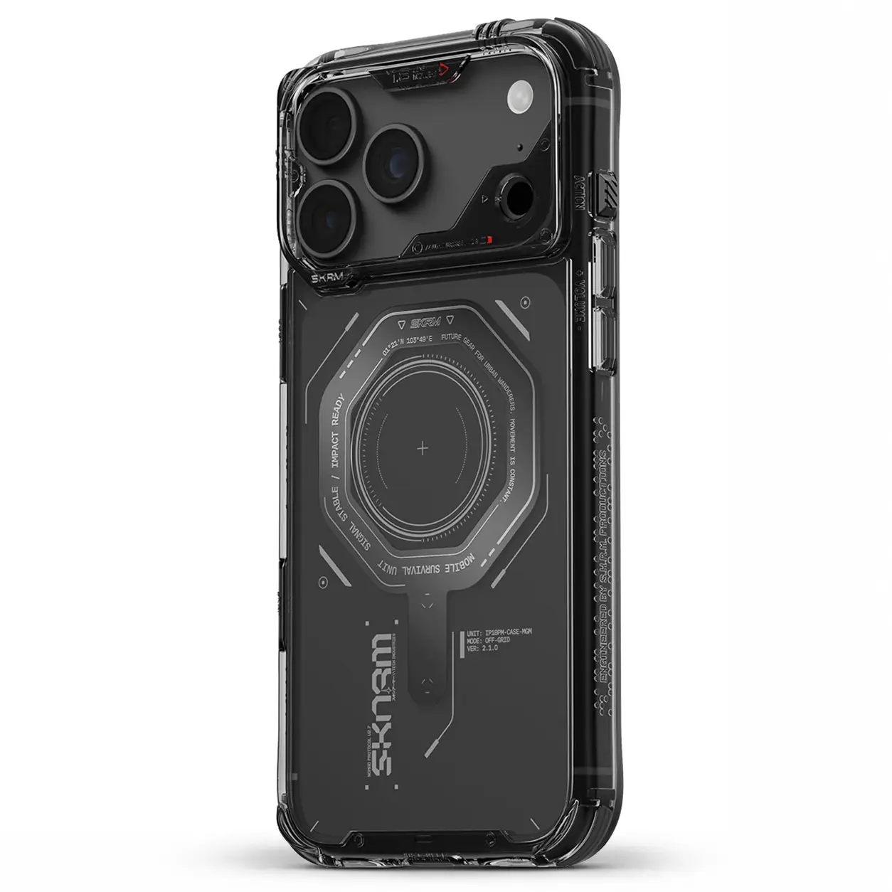 Détails techniques imprimés et transparence de la coque Noire SKINARMA Magma pour iPhone 18 Pro / iPhone 17 Pro
