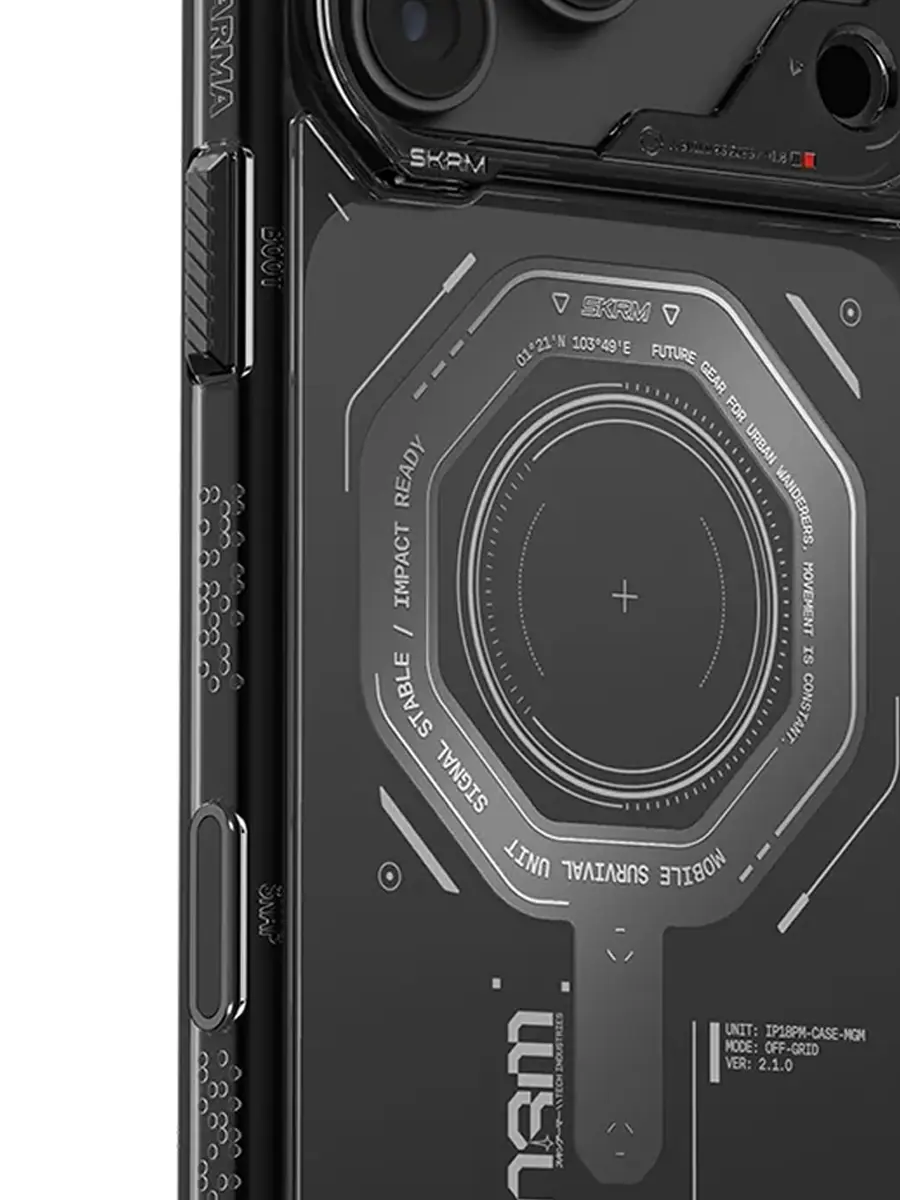 Gros plan sur l'angle renforcé et le passant d'attache de la coque Noire SKINARMA Magma pour iPhone 18 Pro / iPhone 17 Pro