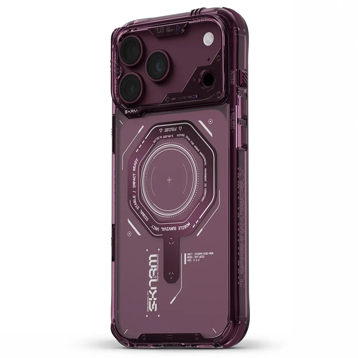 Coque Bordeaux SKINARMA Magma pour iPhone 18 Pro / iPhone 17 Pro vue sous profil profilé avec boutons réactifs