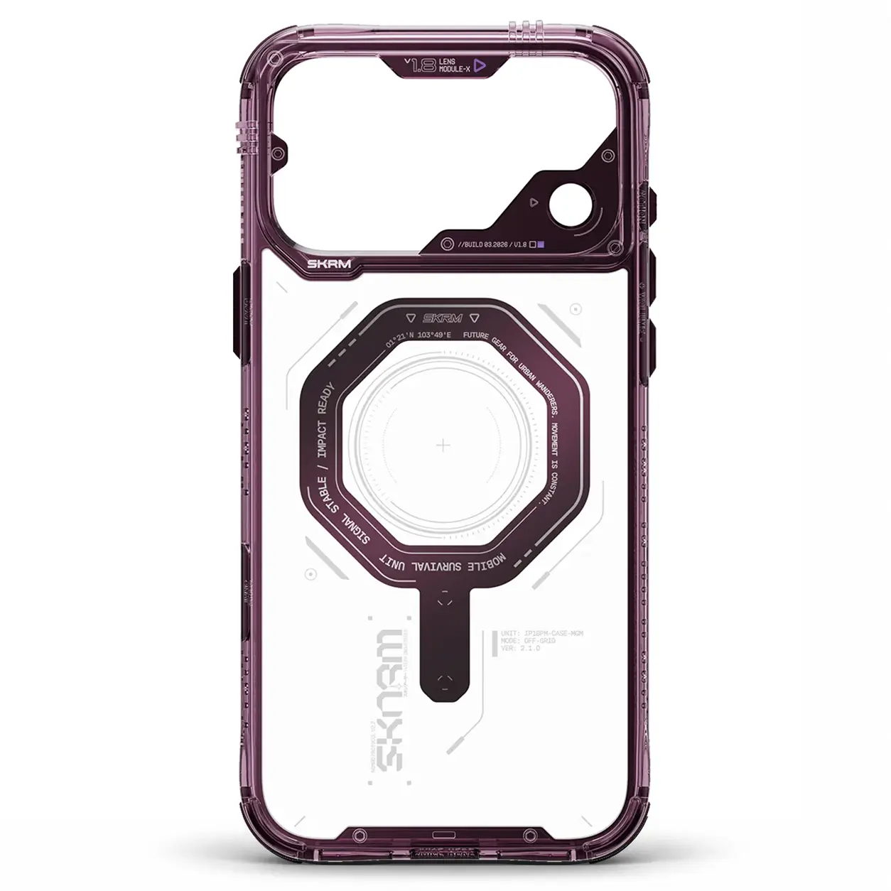 Coque Bordeaux SKINARMA Magma pour iPhone 18 Pro / iPhone 17 Pro vue de face avec boutons tactiles et bordures renforcées