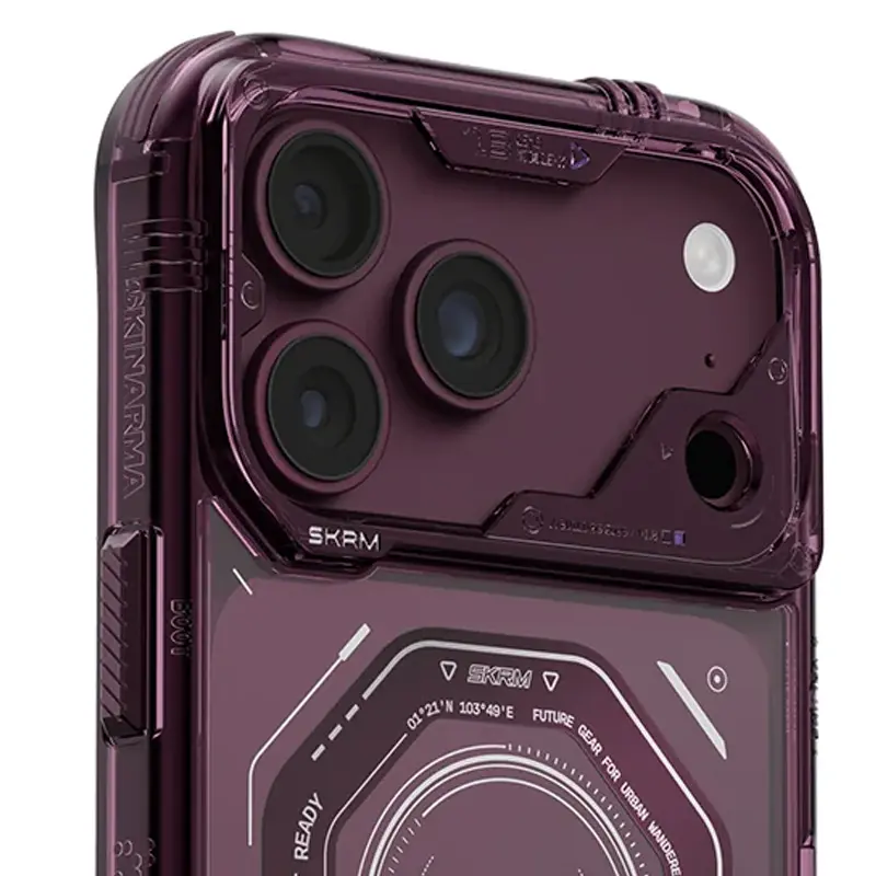 Contour caméra surélevé et finition imprimée de la coque Bordeaux SKINARMA Magma pour iPhone 18 Pro / iPhone 17 Pro