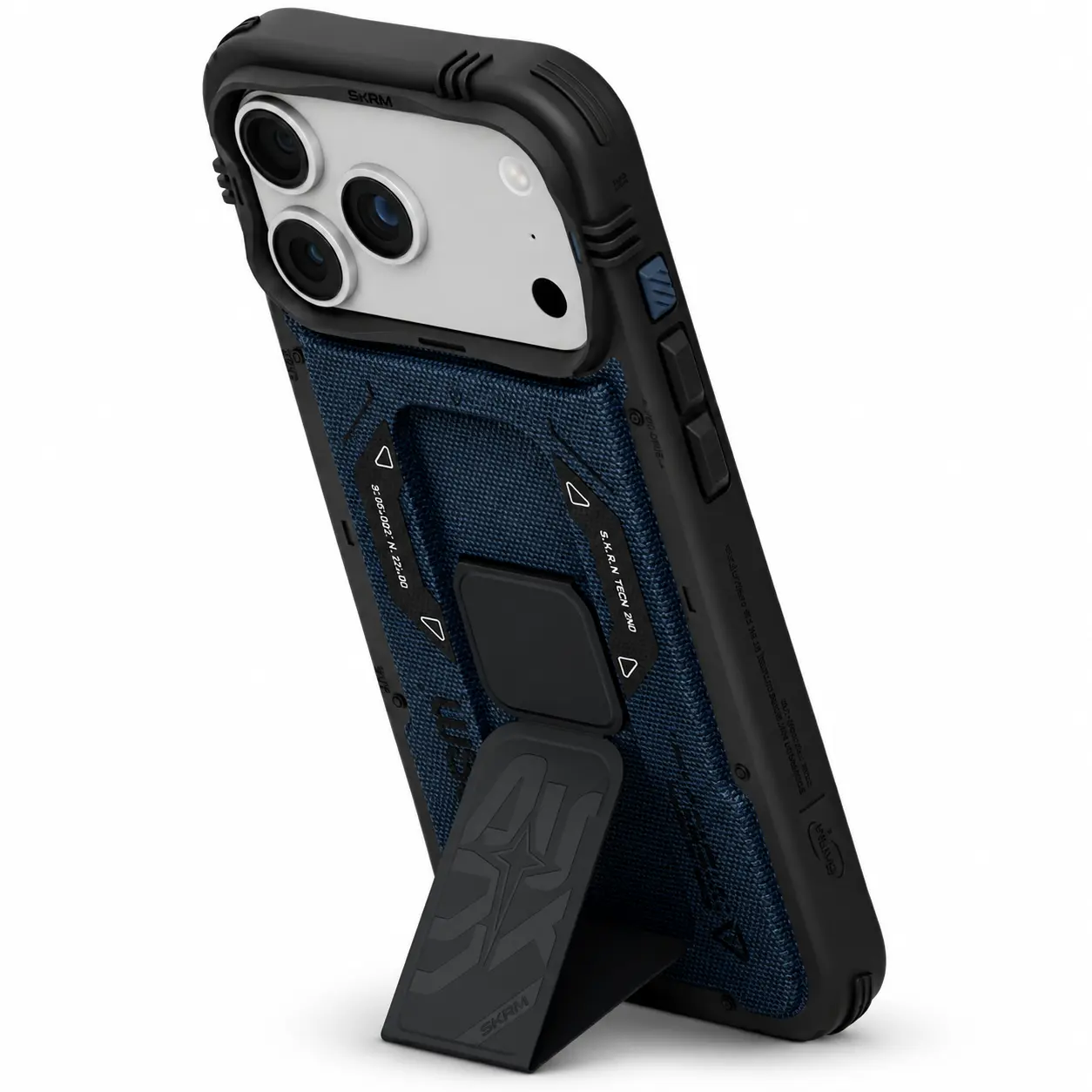 Coque bleue SKINARMA Phantom Mag avec support déployé