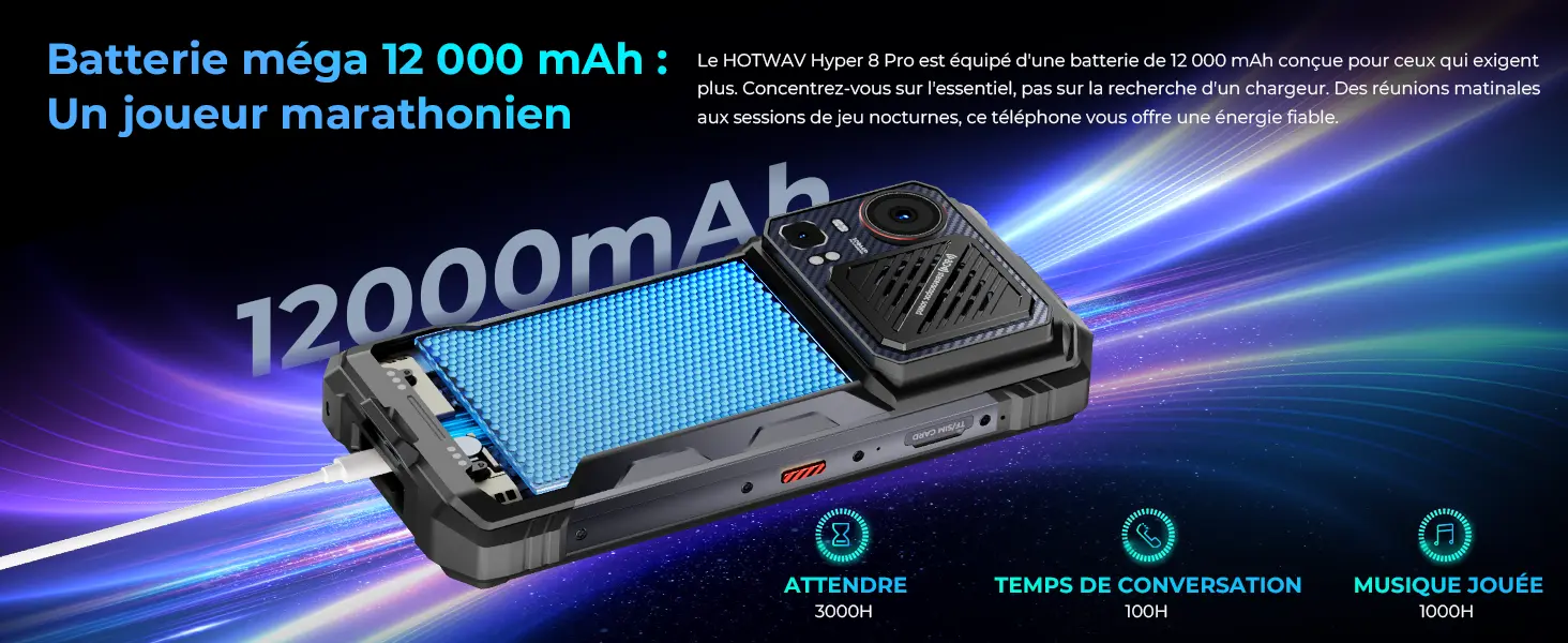 Batterie haute capacité de 12 000 mAh du HOTWAV Hyper 8 Pro