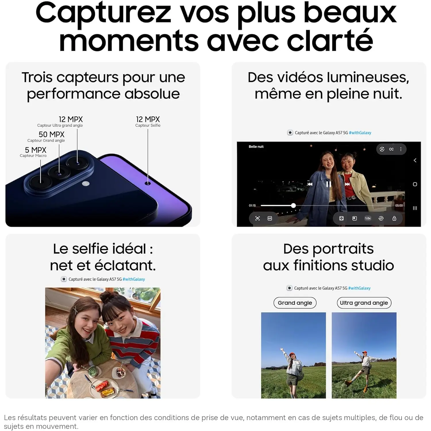 Présentation des modules photo du Galaxy A57 5G : capteur principal de 50 MP, ultra grand-angle de 12 MP, macro de 5 MP et capteur selfie de 12 MP. Exemples de vidéos de nuit et de portraits studio.