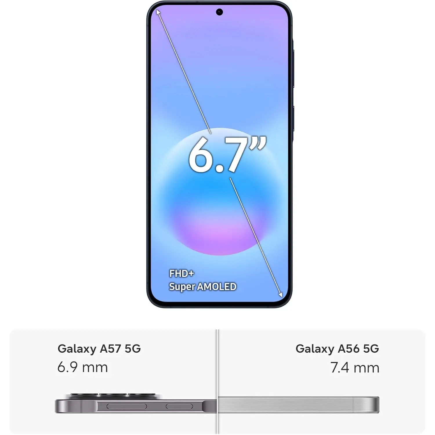 Comparatif de design et de dimensions : écran FHD+ Super AMOLED de 6,7 pouces et épaisseur ultra-fine de seulement 6,9 mm pour le Galaxy A57 5G contre 7,4 mm pour le Galaxy A56 5G.