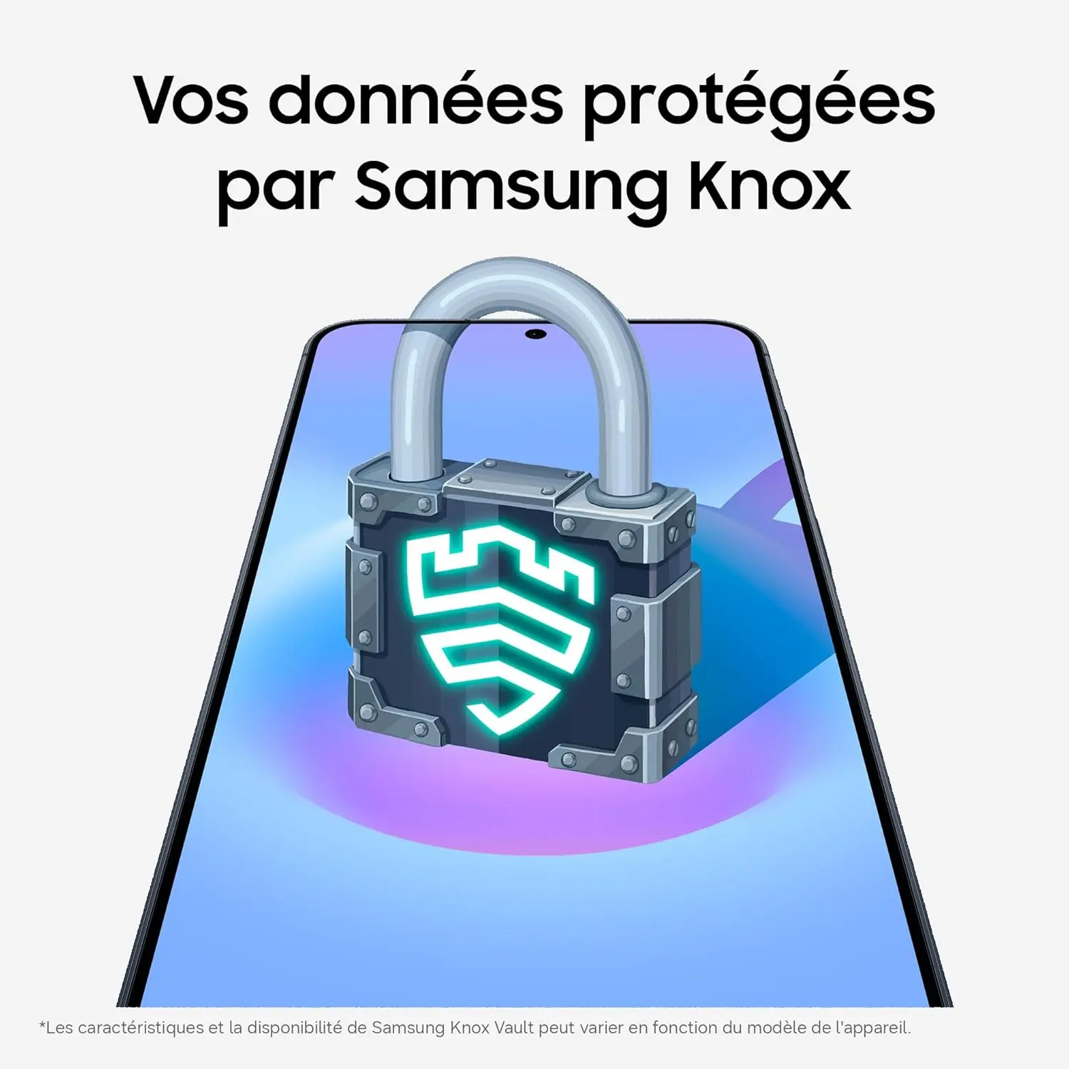 Sécurité des données sur Galaxy A57 : illustration d'un cadenas blindé symbolisant la protection matérielle et logicielle avancée assurée par la technologie Samsung Knox Vault.