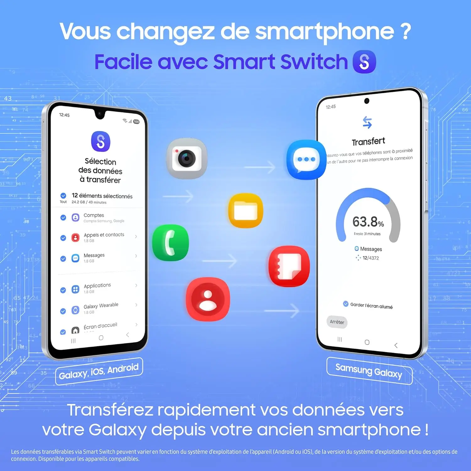 Démonstration de l'application Smart Switch : transfert rapide, simple et sécurisé de l'ensemble de vos données (comptes, messages, contacts, applications) depuis un ancien smartphone vers votre nouveau Galaxy.