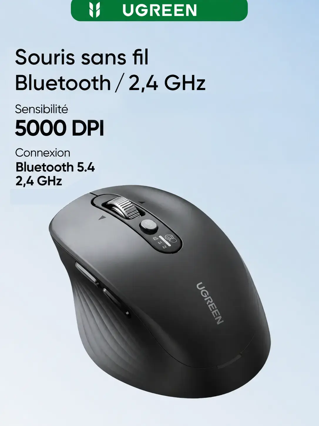 Souris sans fil UGREEN M752 ergonomique de couleur noire. Visuel de présentation mettant en avant sa double connectivité sans fil Bluetooth 5.4 et sans fil 2,4 GHz, ainsi que son capteur optique haute précision réglable jusqu'à 5000 DPI pour une réactivité et une fluidité d'utilisation optimales.