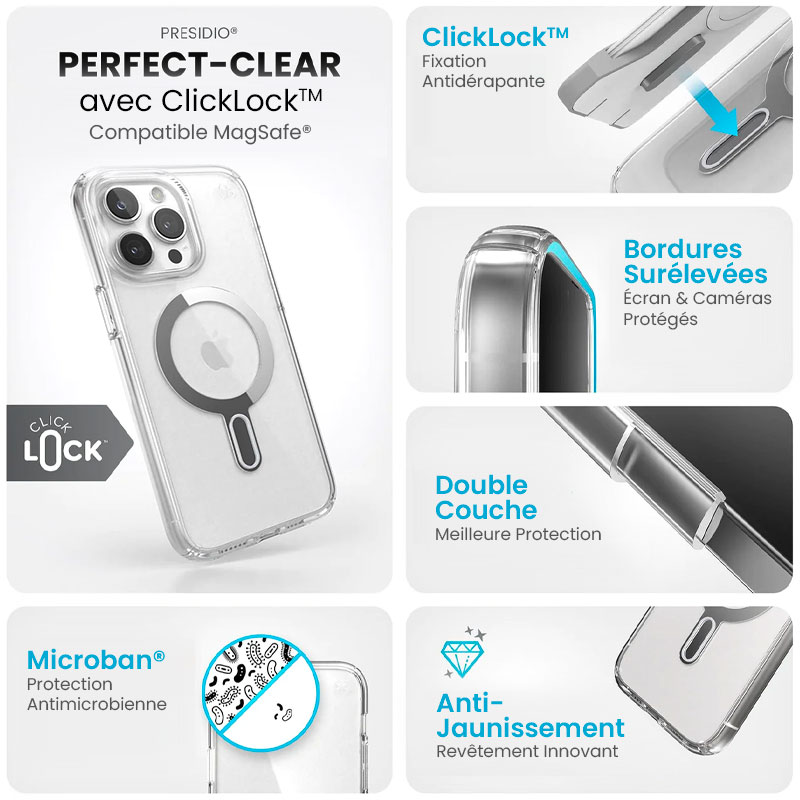 Coque MagSafe SPECK Presidio Perfect Clear Avec ClickLock pour iPhone 15 Pro Max