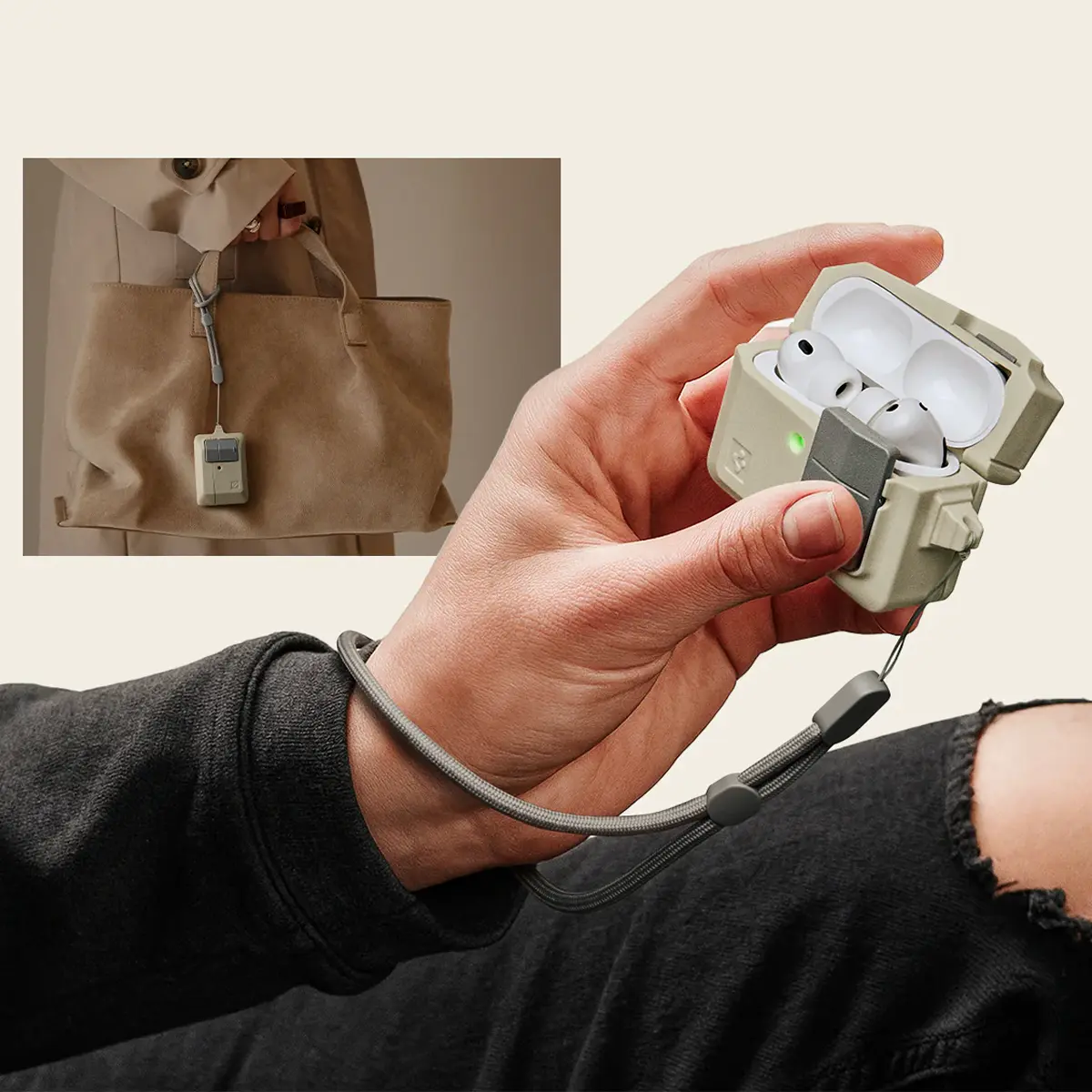 Coque Spigen Classic LS beige pour AirPods Pro 3 avec cordon de transport sécurisé