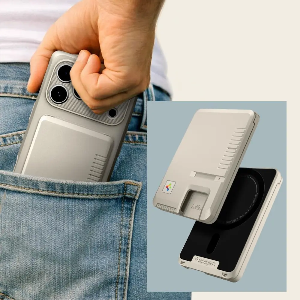 Prise en main sûre et revêtement en silicone du porte-cartes Spigen