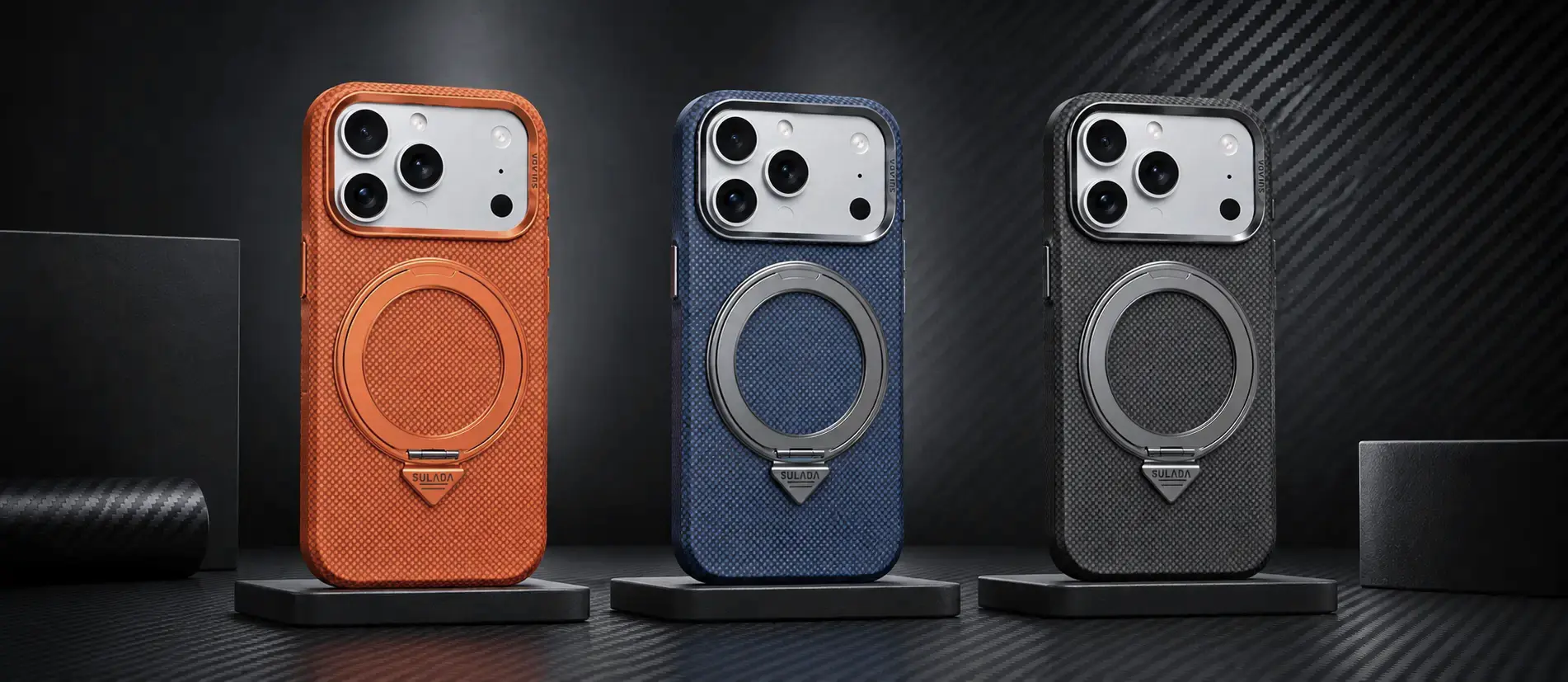 Coques SULADA Kevlar Grid Holder orange, bleue et noire avec anneau rotatif 360°