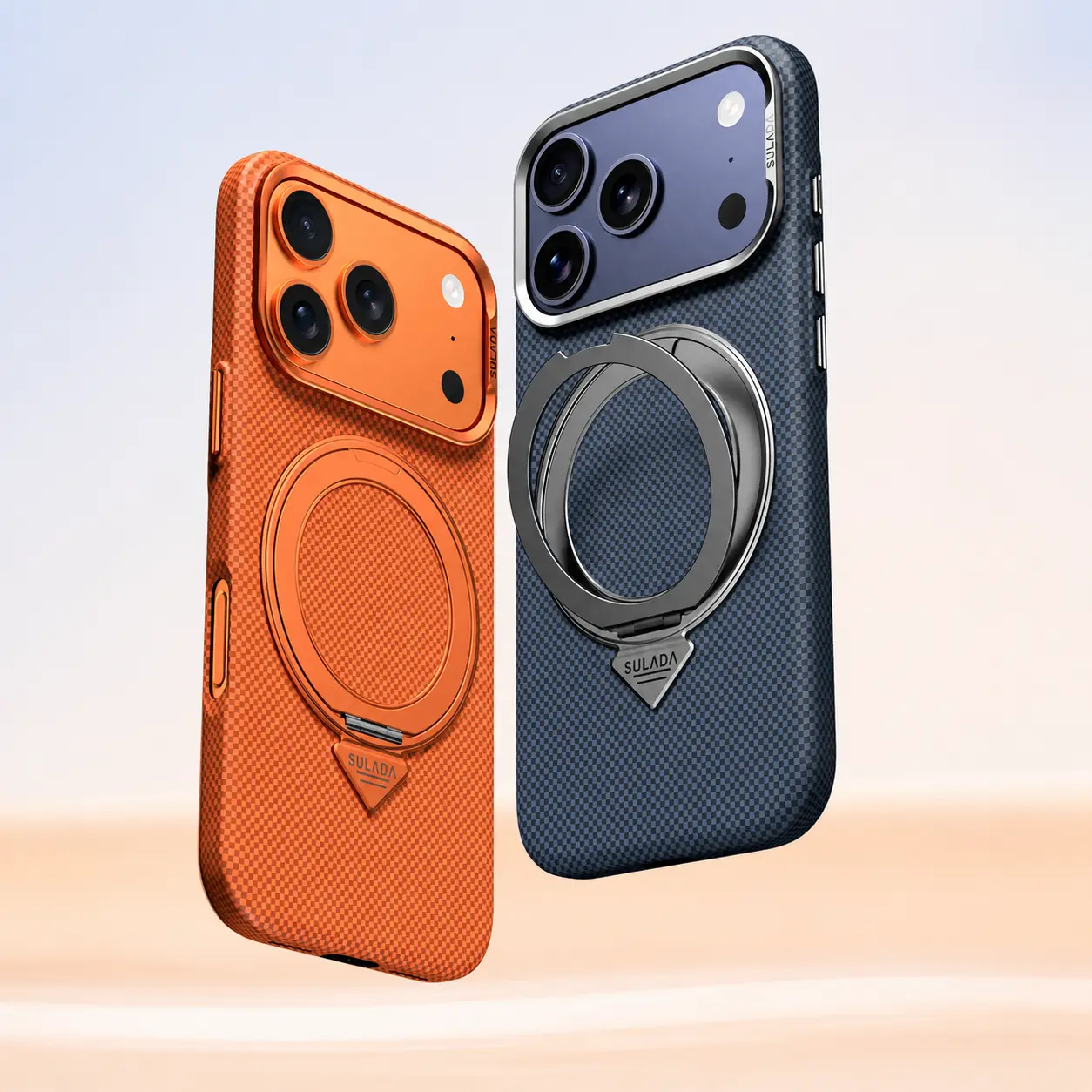 Présentation des coques SULADA Kevlar Grid Holder coloris orange et bleu sous différents angles