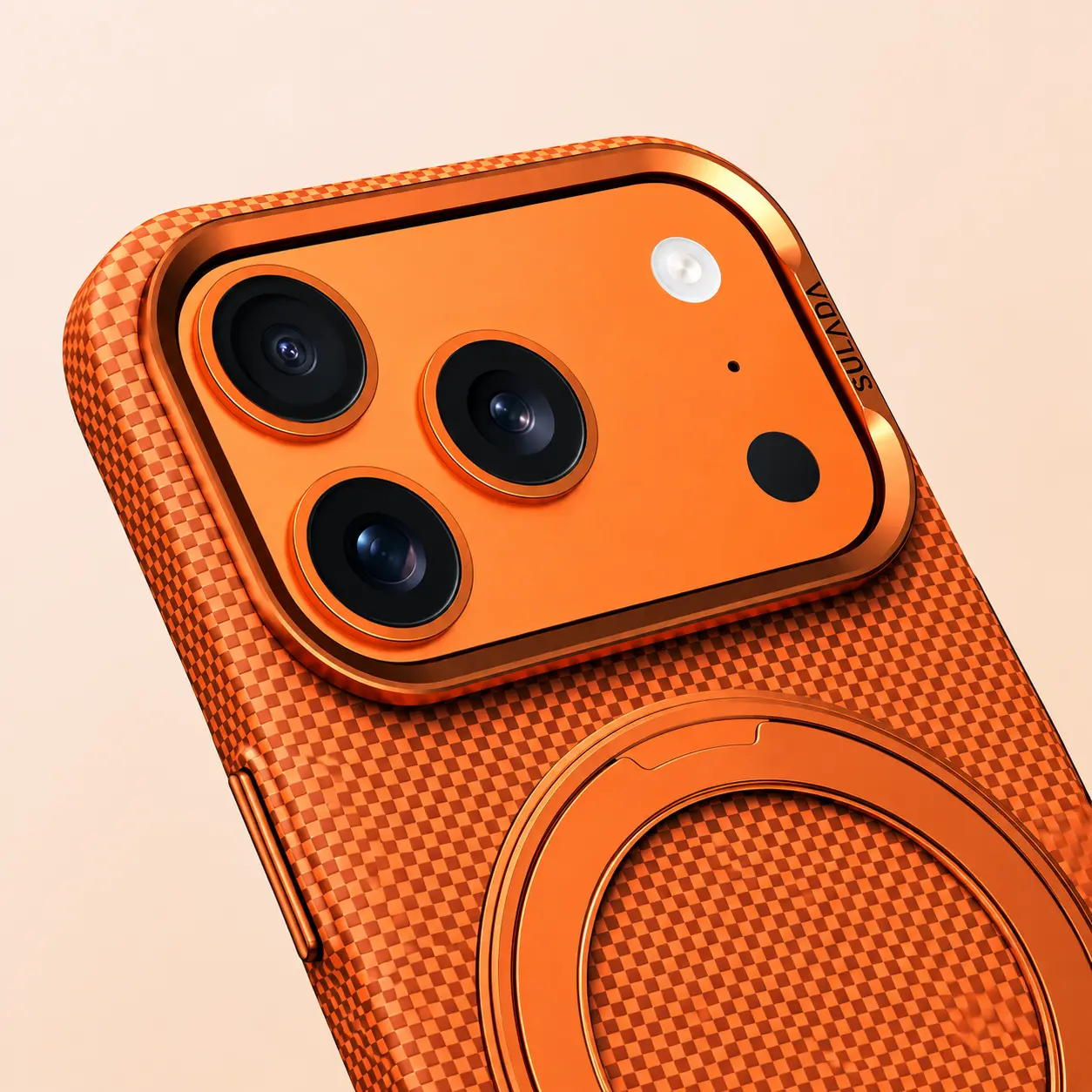 Zoom sur le contour de protection de l'appareil photo de la coque SULADA Kevlar Grid Holder orange