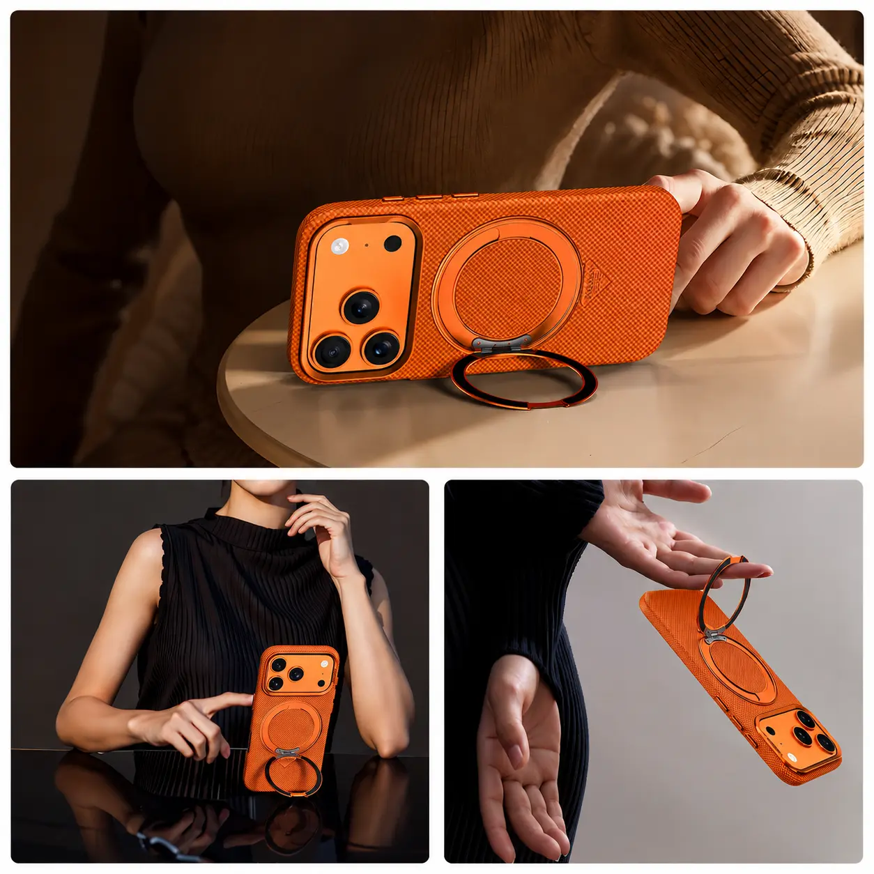 Mise en situation et usages multiples de la coque SULADA Kevlar Grid Holder orange avec son anneau support