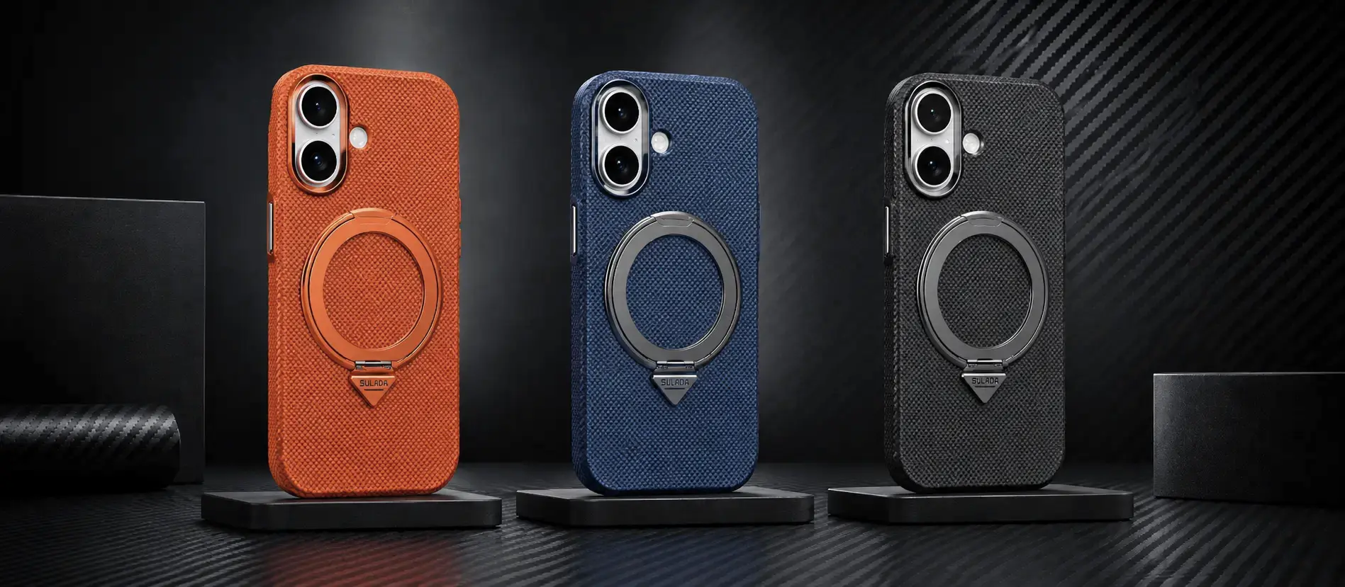 Coques SULADA Kevlar Grid Holder pour iPhone 17 en orange, bleu et noir avec anneau rotatif 360°