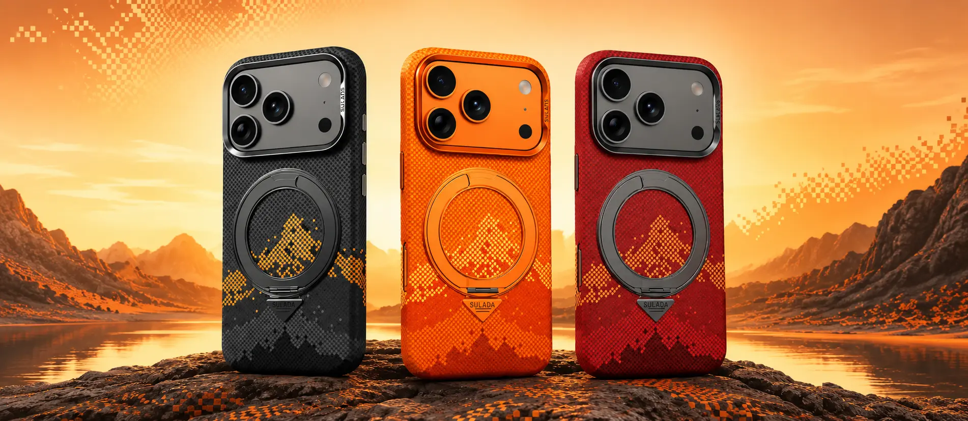 Coque SULADA Pixel Grid Holder en trois coloris avec anneau rotatif