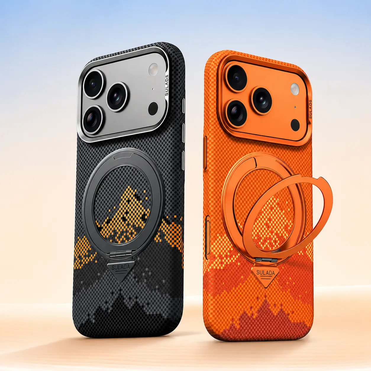 Coques SULADA Pixel Grid Holder noire et orange avec anneau rotatif intégré