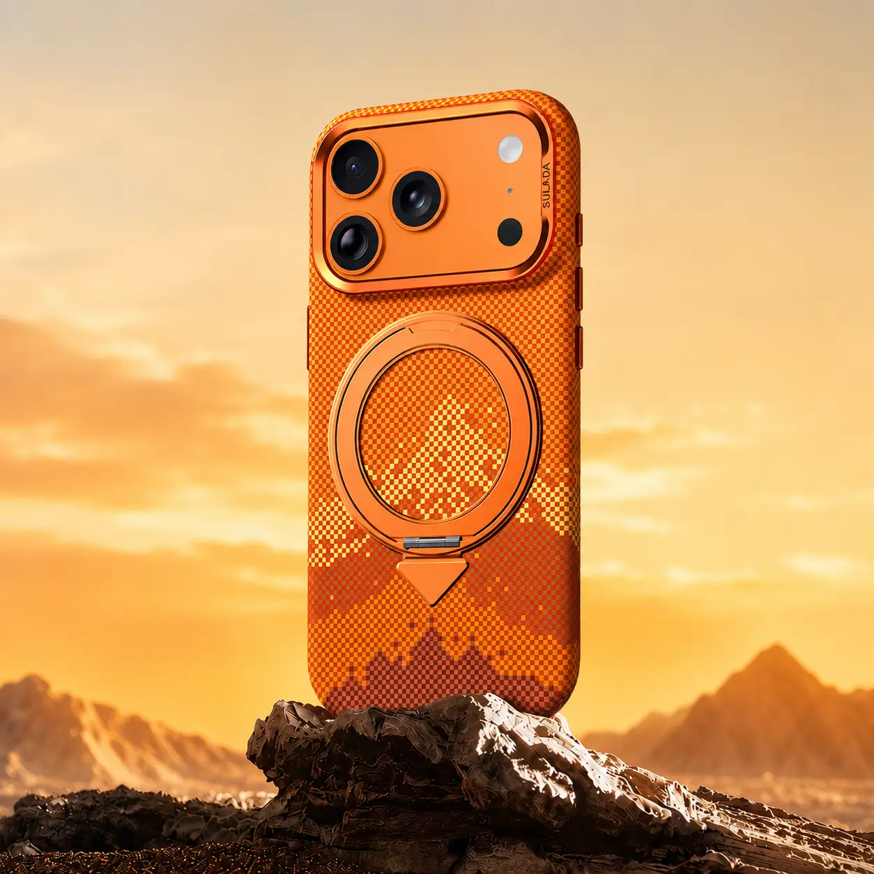 Coque SULADA Pixel Grid Holder orange au design montagne façon Kevlar 600D