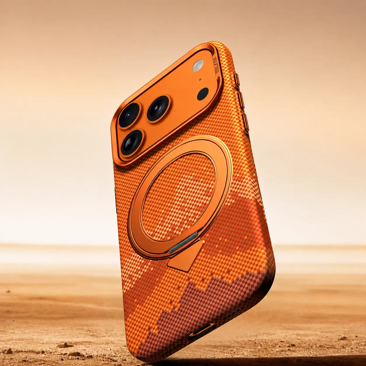 Coque SULADA Pixel Grid Holder orange avec contour photo surélevé et protection ajustée