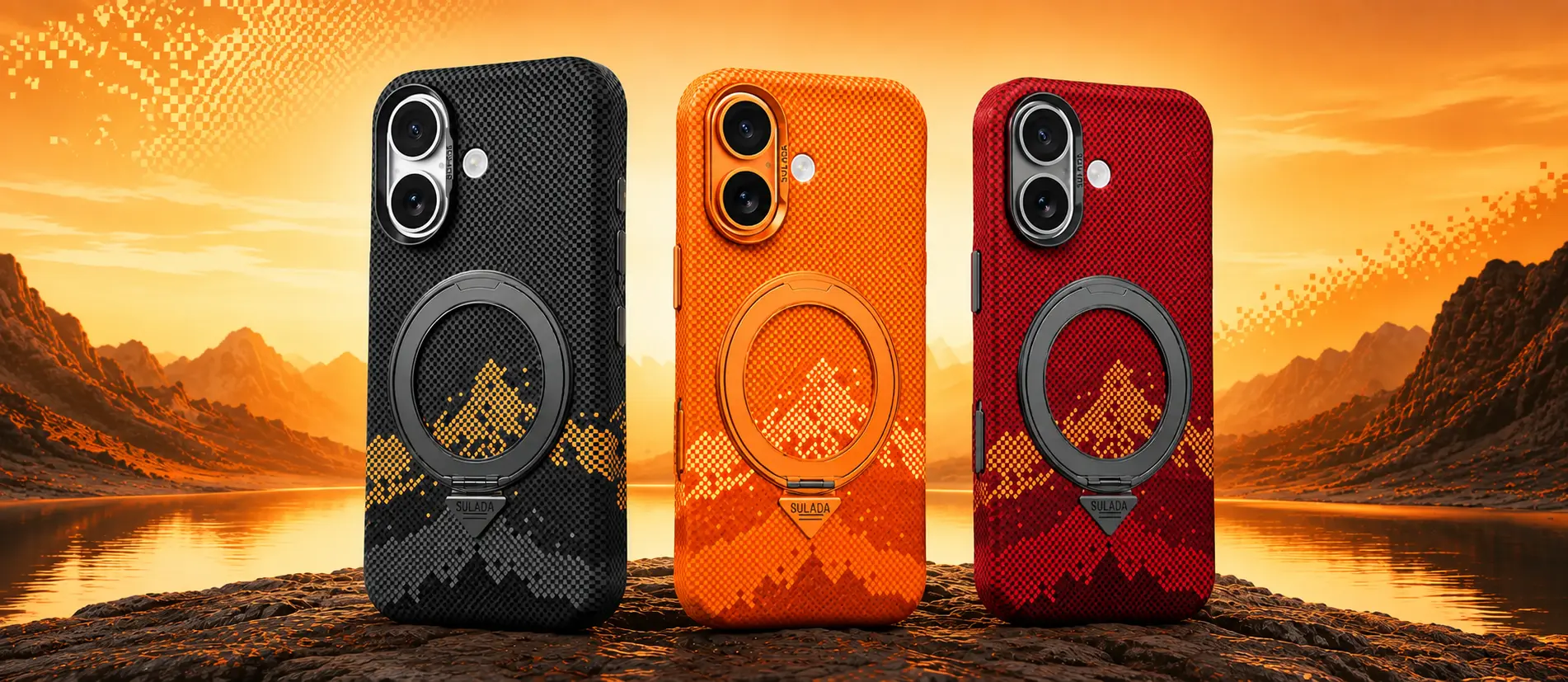 Coque SULADA Pixel Grid Holder en trois coloris avec anneau rotatif