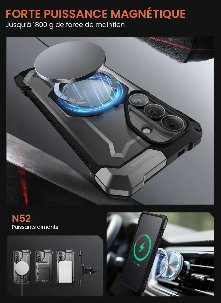 Coque MagSafe Galaxy S26 avec aimants N52 puissants jusqu’à 1800 g compatible accessoires voiture