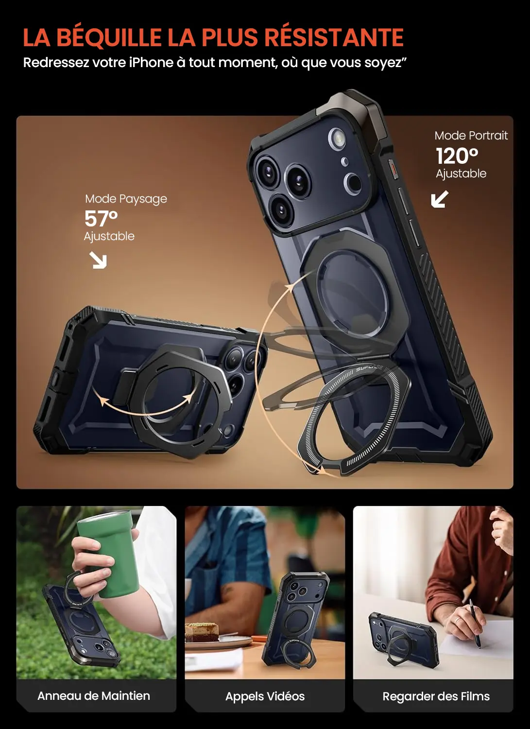 Coque SUPCASE UB GRIP avec béquille résistante et bague de maintien, idéale pour vidéo et support