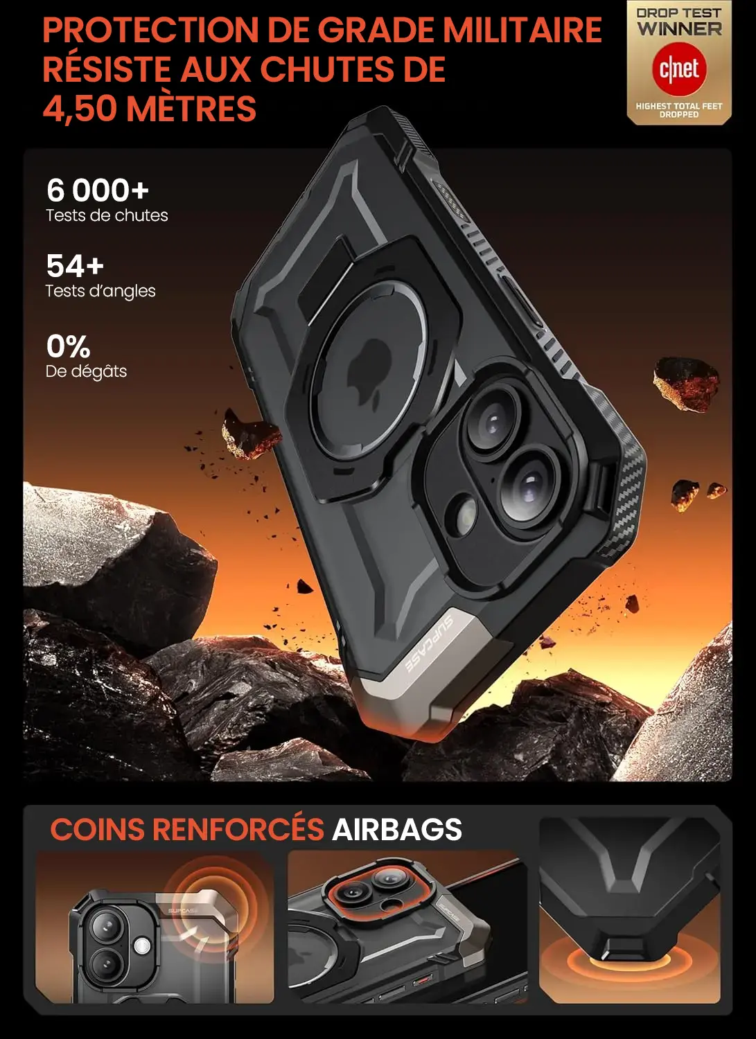 Coque iPhone 17 SUPCASE UB Grip testée chutes 4,50 mètres, protection militaire, coins renforcés airbags