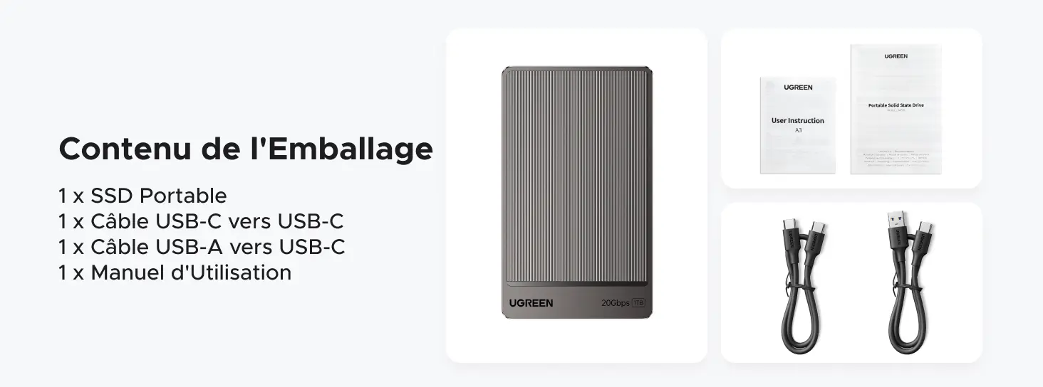 Infographie détaillant le contenu de l'emballage du SSD externe portable UGREEN 1TB. Le visuel liste et présente un SSD portable gris, un câble USB-C vers USB-C, un câble USB-A vers USB-C ainsi qu'un manuel d'utilisation.